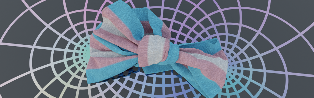 A realistic wide fabric bow knot with a transgender flag pattern, laying on an abstract bipolar coordinate grid floor with smooth metallic grid lines