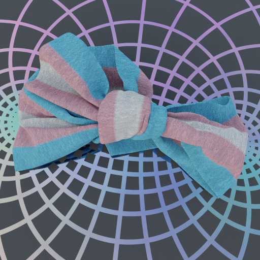 A realistic wide fabric bow knot with a transgender flag pattern, laying on an abstract bipolar coordinate grid floor with smooth metallic grid lines