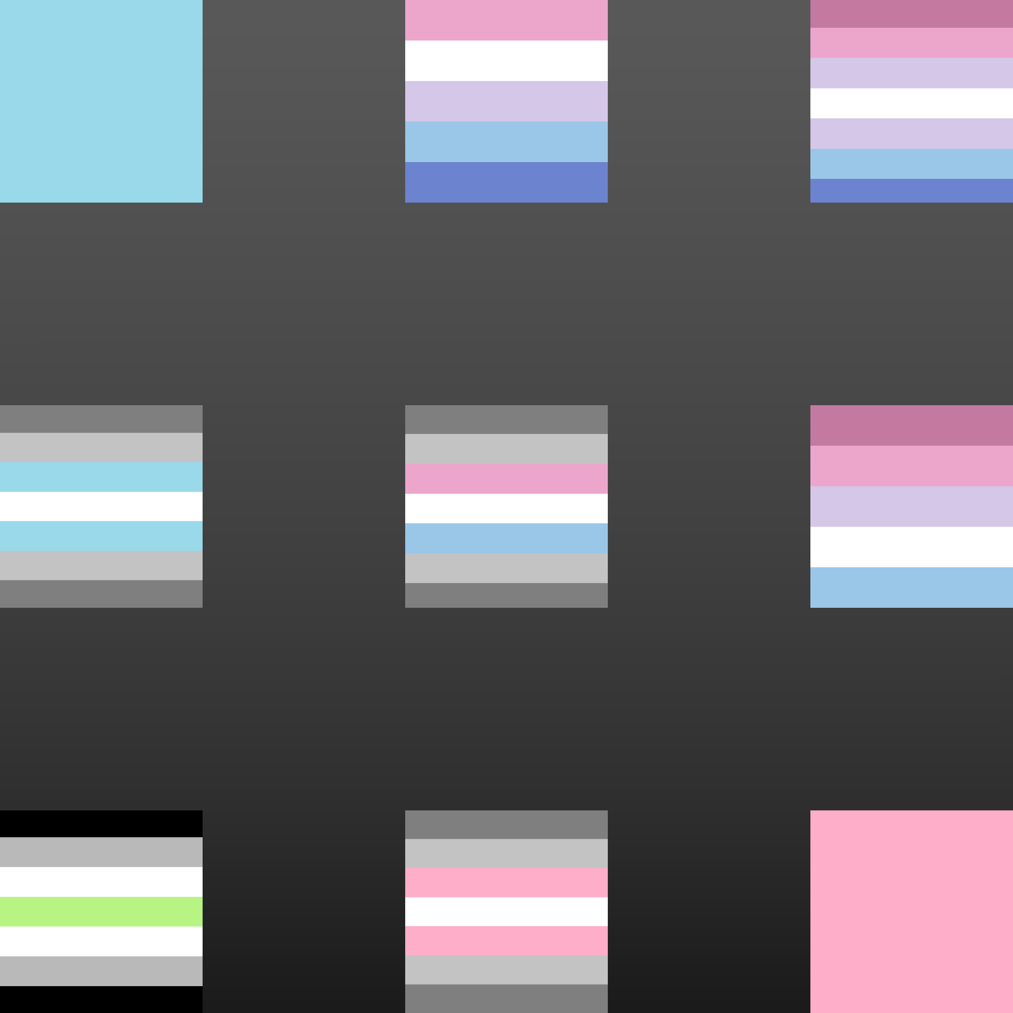 A 3x3 grid of flags showing combinations of varying amounts of male-ness and varying amounts of female-ness, including my flag designs for the entries without popular flags.
