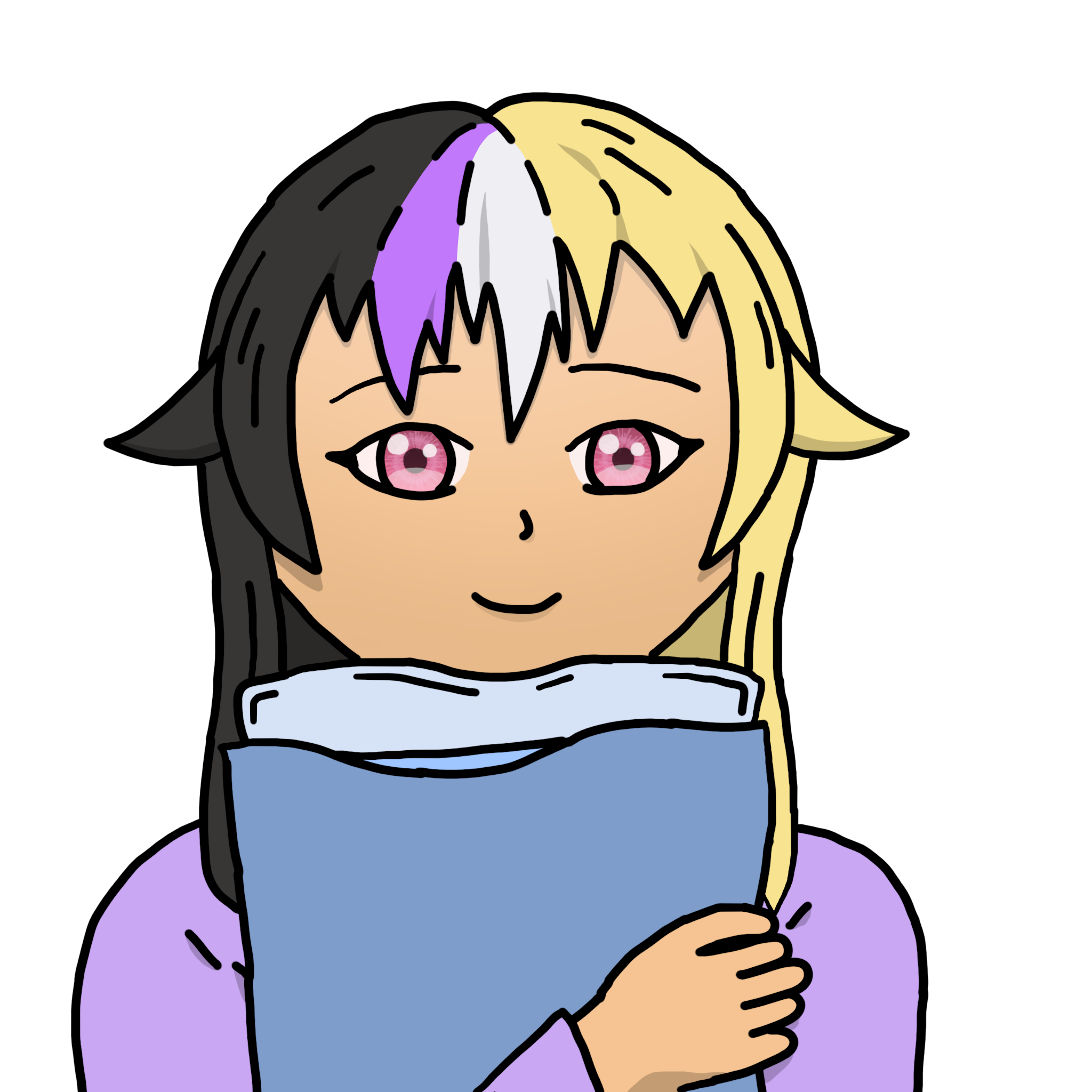 A drawing of a person with hair in nonbinary flag colours, hugging a pillow.